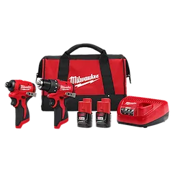 Image of the M12™ Subcompact Brushless 2 Piece Combo Kit that includes a compact driver, a drill, two M12 batteries, a battery charger, and a red and black carrying bag labeled "Milwaukee." The tools are primarily red with black and silver accents.