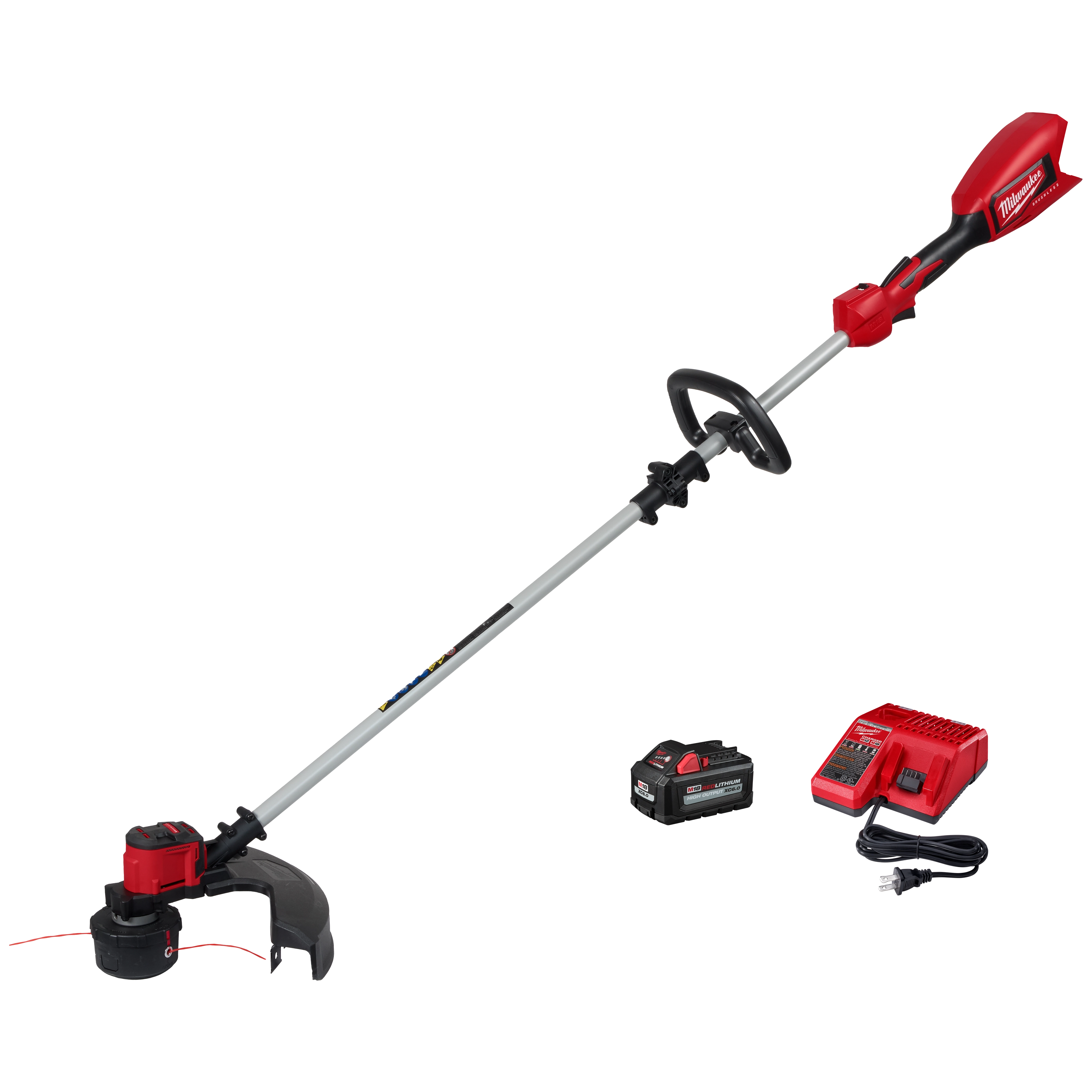 The M18™ Brushless String Trimmer features a grey and red trimmer with a black guard, a rechargeable battery pack, and a red battery charger. It is used for trimming grass and vegetation, and it operates on a cordless battery system for ease of use.