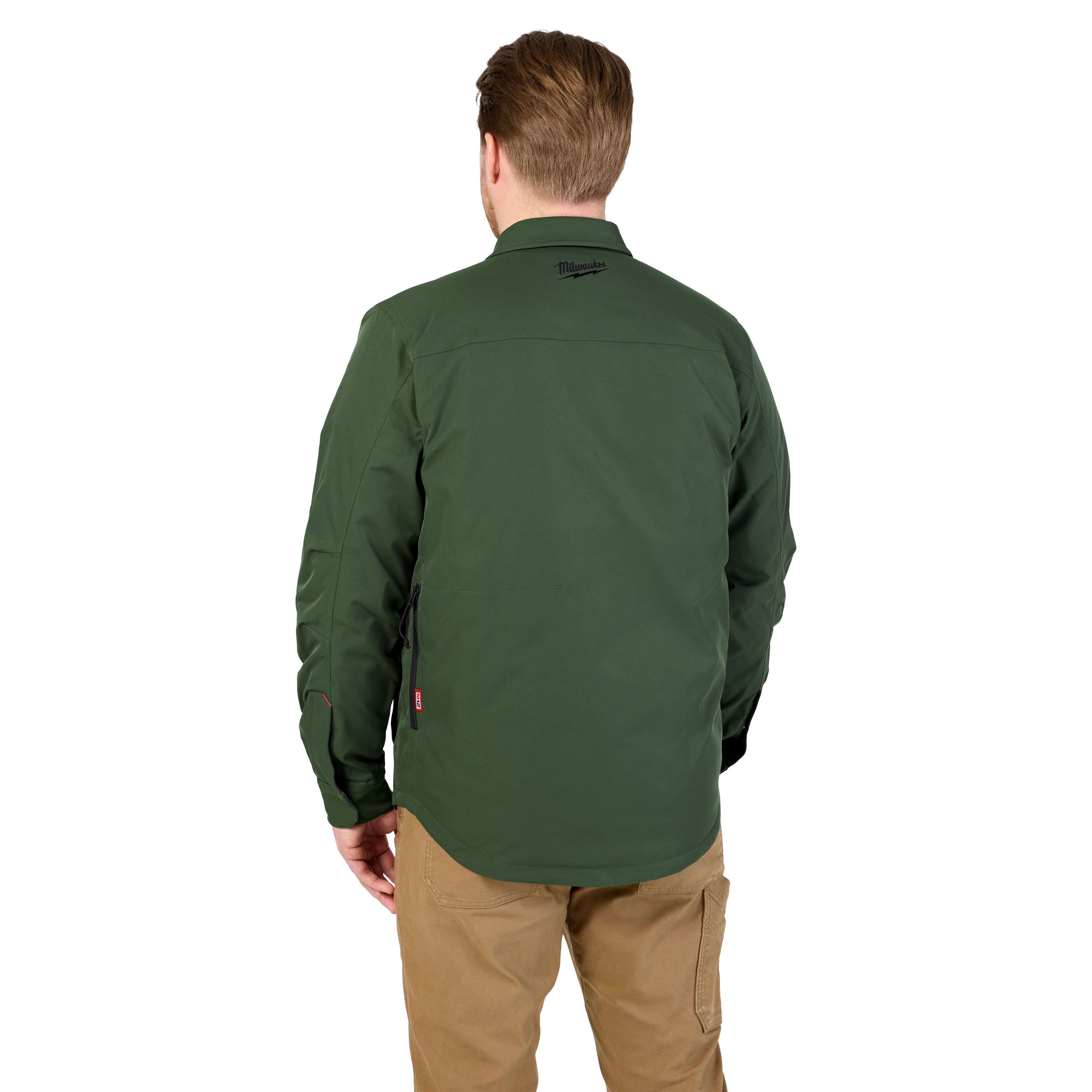 Back view of a person wearing the green M12 Shirt Jacket.