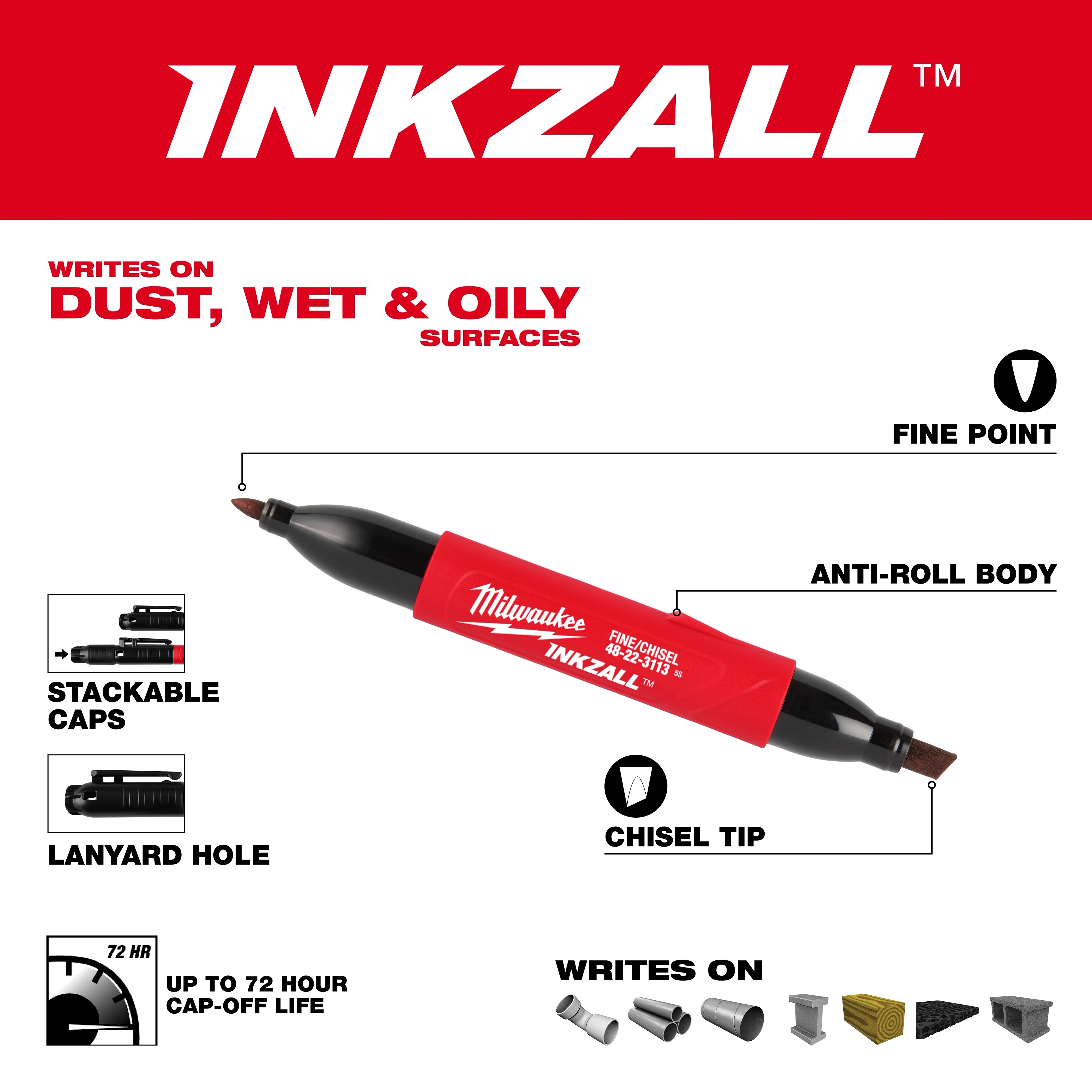 INKZALL Double Sided Black Jobsite Marker features fine point and chisel tip, anti-roll body, stackable caps, lanyard hole, writes on various surfaces.