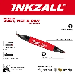 INKZALL Double Sided Black Jobsite Marker features fine point and chisel tip, anti-roll body, stackable caps, lanyard hole, writes on various surfaces.