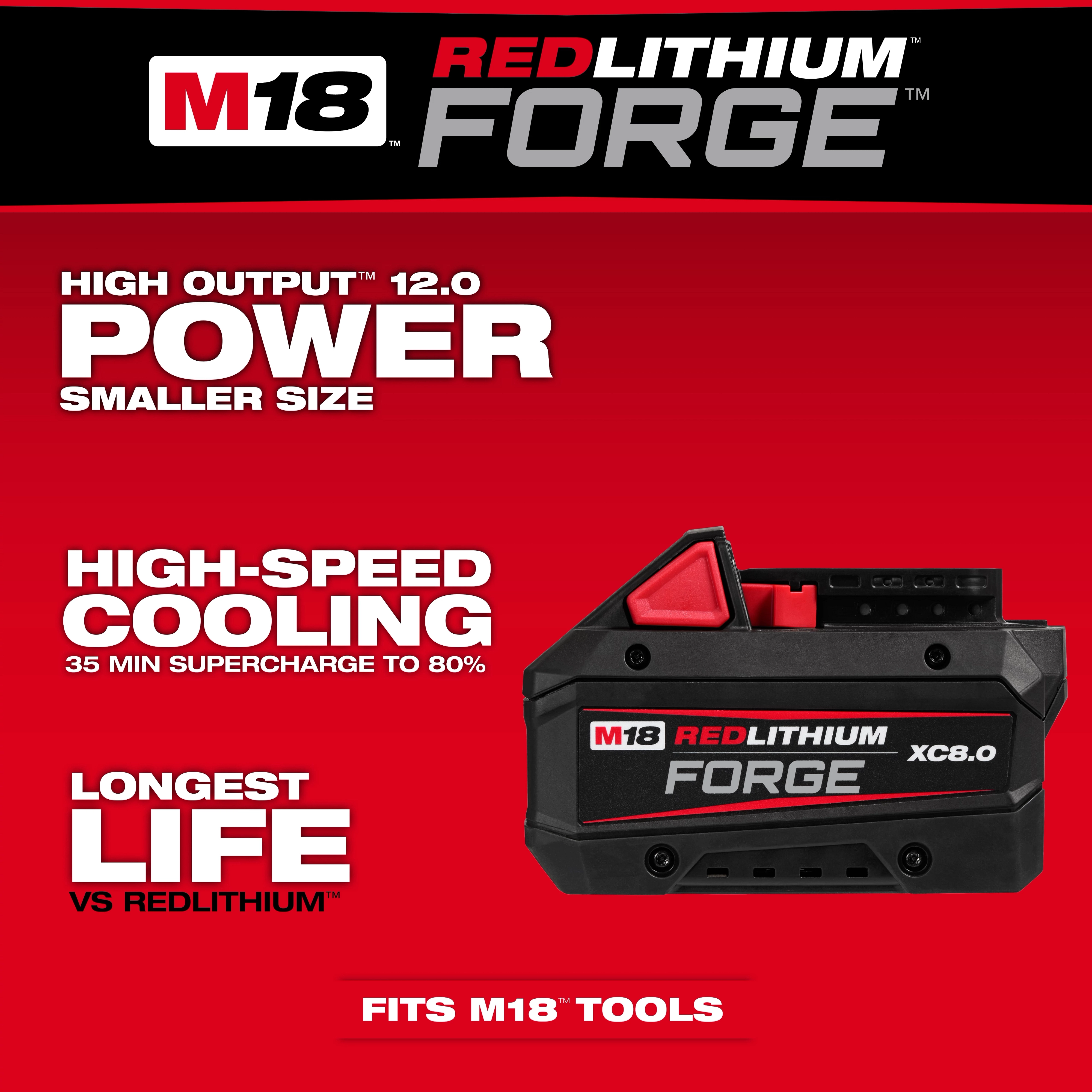 M18 REDLITHIUM FORGE XC8.0 Battery Pack, featuring 12.0 power output, high-speed cooling, long life, and compatibility with M18 tools.