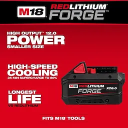 M18 REDLITHIUM FORGE XC8.0 Battery Pack, featuring 12.0 power output, high-speed cooling, long life, and compatibility with M18 tools.
