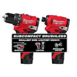 The image shows the M12™ Subcompact Brushless 2-Tool Combo Kit featuring a drill/driver and an impact driver, both in red with "Milwaukee" branding. Text highlights the tools' small size, light weight, and brushless motors.