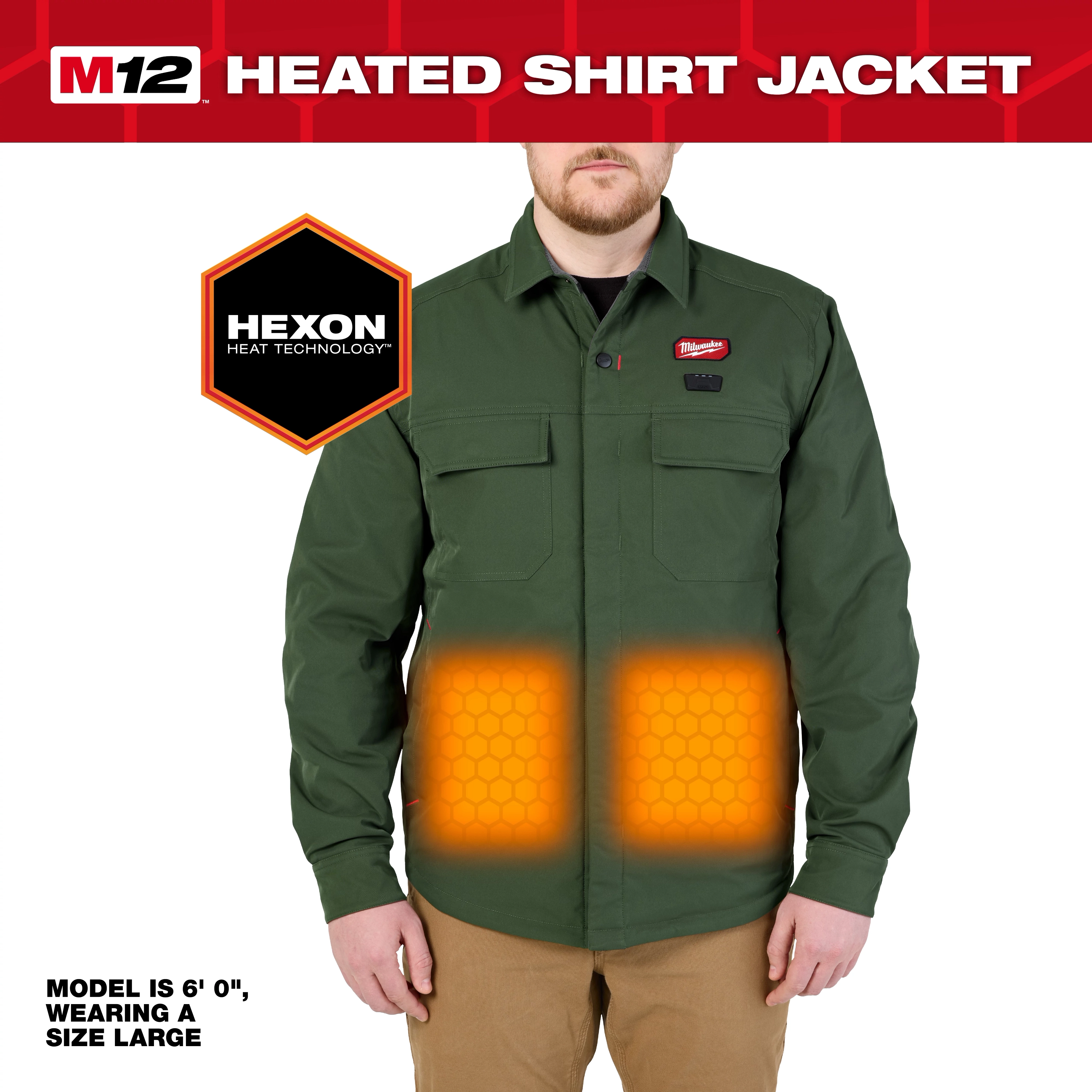 Person wearing green M12 Shirt Jacket - Green S M L XL 2X 3X with glowing heated panels on the front.