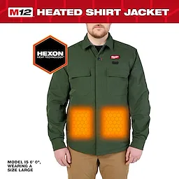 Person wearing green M12 Shirt Jacket - Green S M L XL 2X 3X with glowing heated panels on the front.