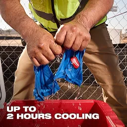 Person wringing out a blue Cooling Neck Gaiter over a red container, with water dripping and text reading "UP TO 2 HOURS COOLING".