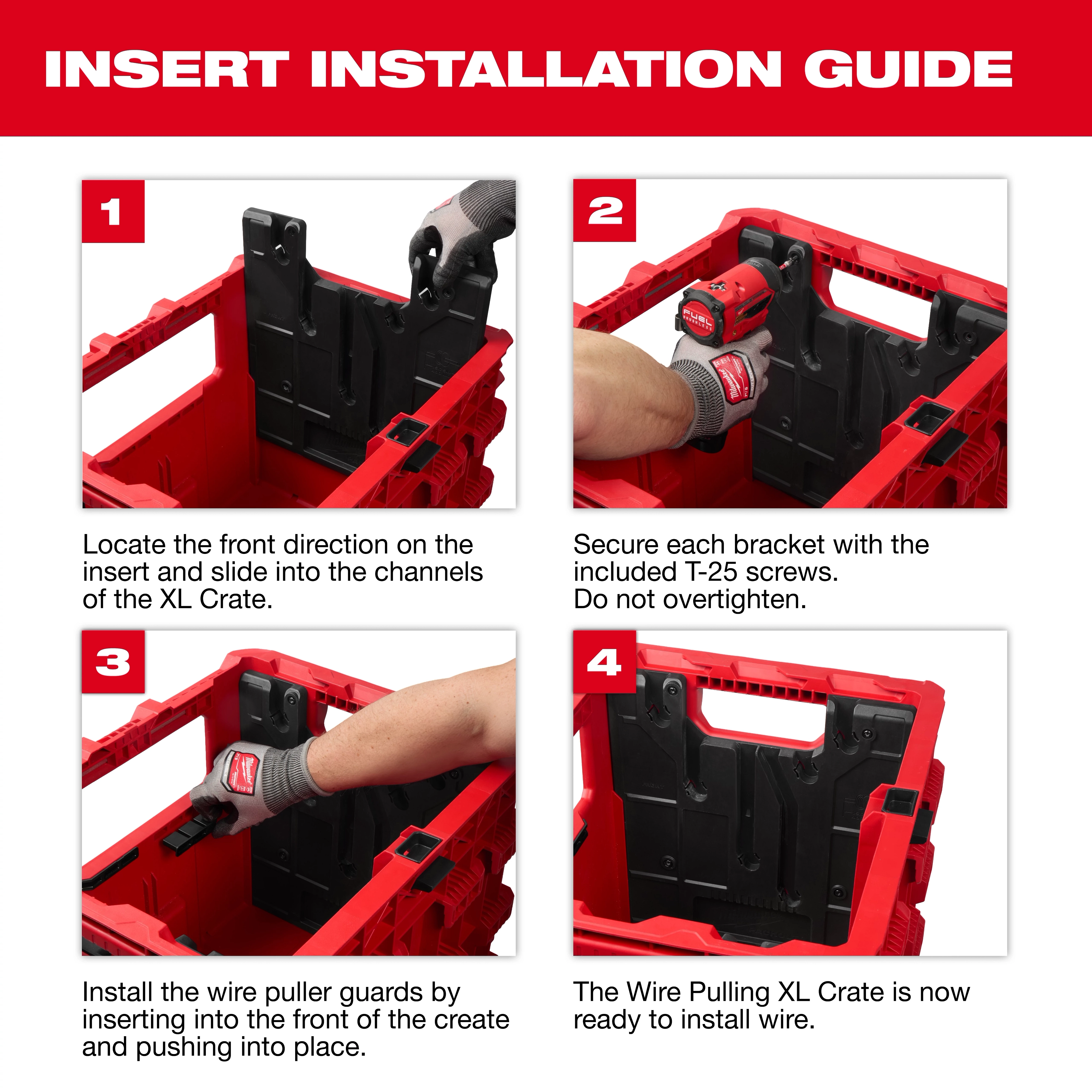 Wire Pulling Inserts for PACKOUT XL Crate being installed step-by-step inside a red crate with tools and hands visible.