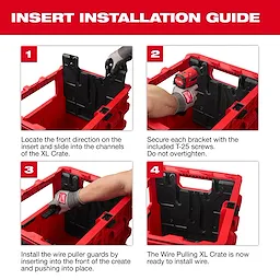 Wire Pulling Inserts for PACKOUT XL Crate being installed step-by-step inside a red crate with tools and hands visible.