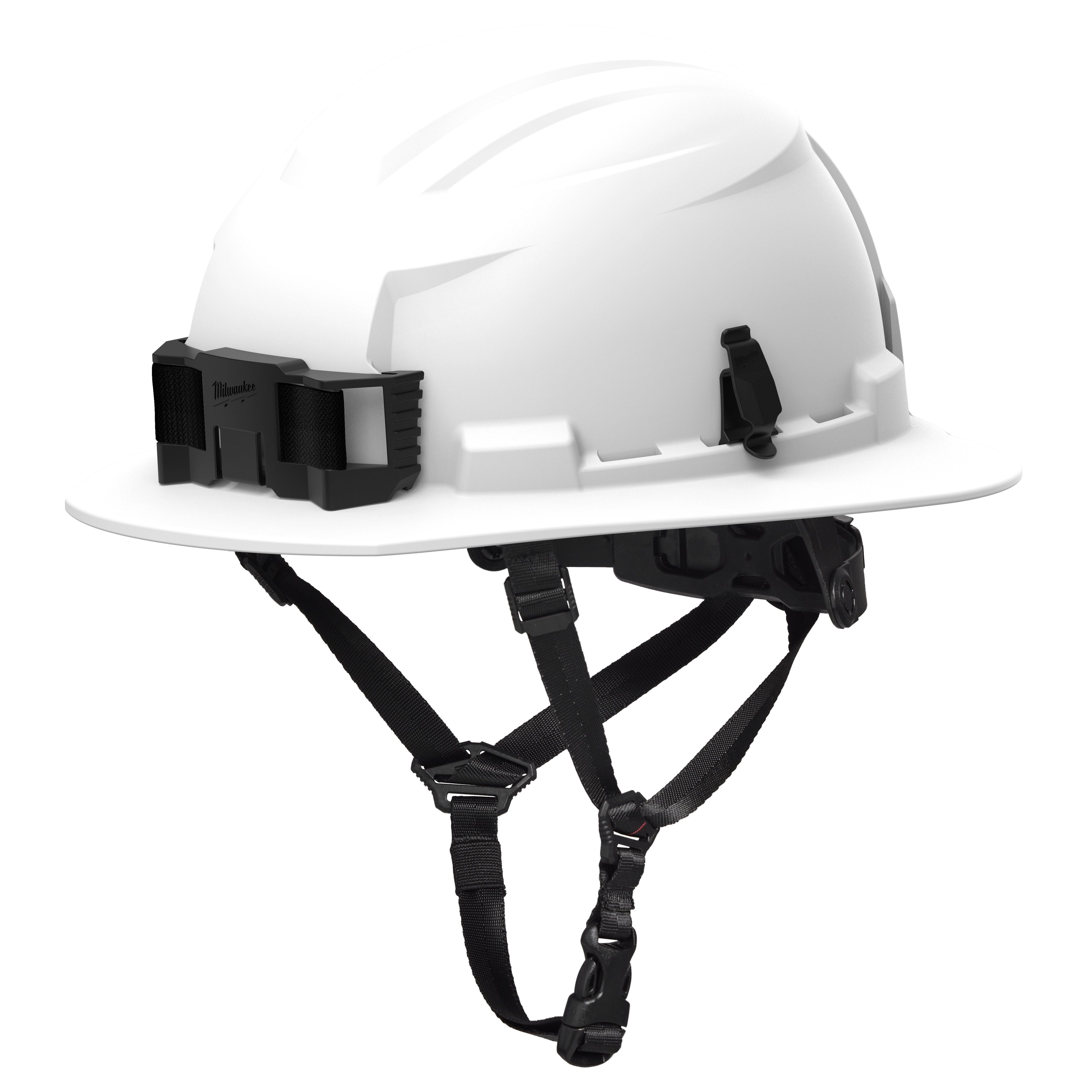 The image shows a BOLT™ White Full Brim Safety Helmet – Type 2, Class E. The helmet features a broad brim for added protection and an adjustable chin strap for secure fitting.