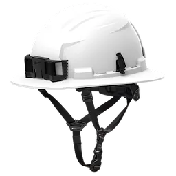 The image shows a BOLT™ White Full Brim Safety Helmet – Type 2, Class E. The helmet features a broad brim for added protection and an adjustable chin strap for secure fitting.