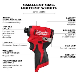This image displays a red Milwaukee drill with features labeled, including internal metal gearcase, 1/4" hex collet, LED light, variable speed trigger, premium rubber overmold, battery gauge, brushless motor, belt clip, and REDLINK intelligence. The drill is 4.3 inches in length and noted for being the smallest and lightest.