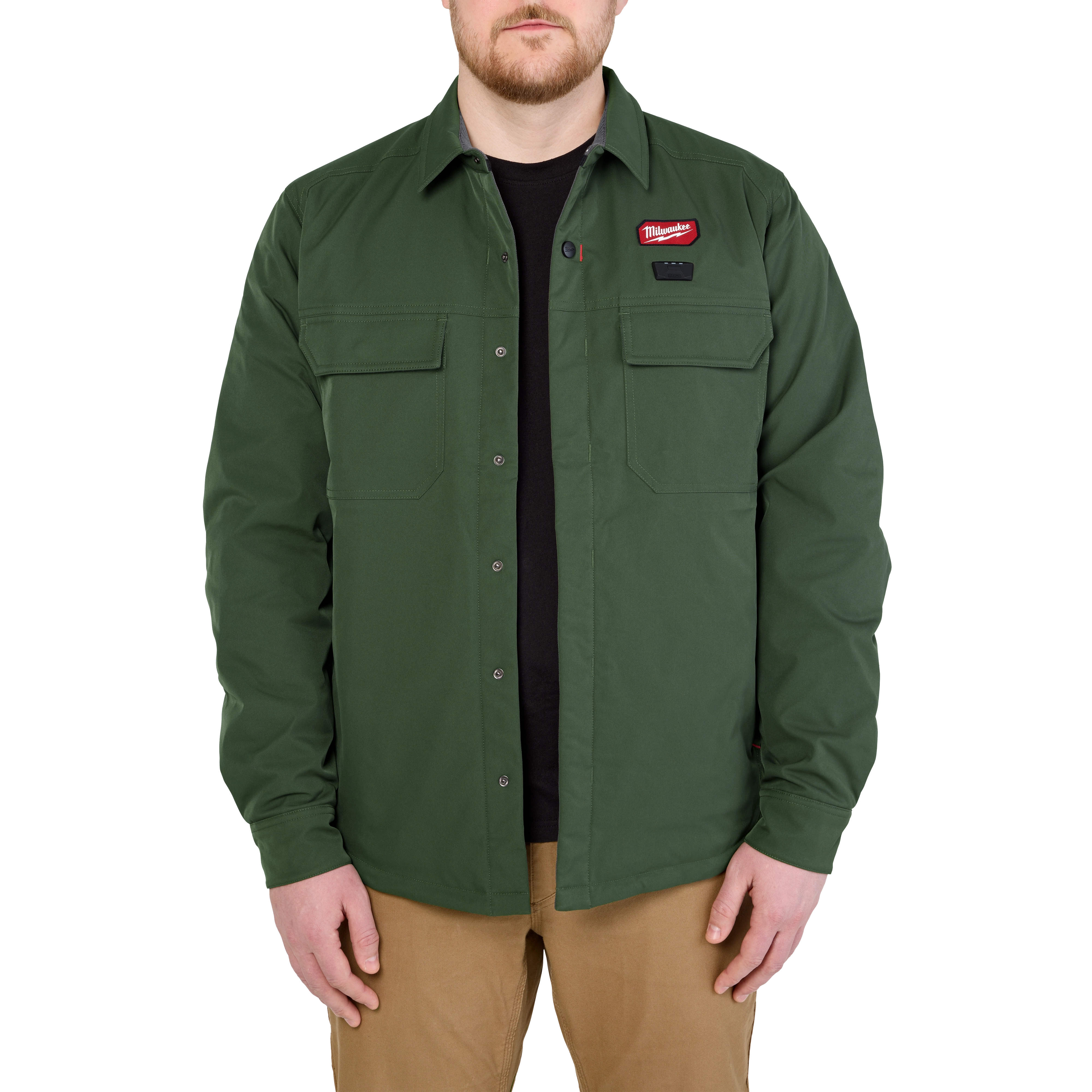Man wearing M12 Shirt Jacket in green with snap buttons and front pockets.