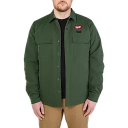 Man wearing M12 Shirt Jacket in green with snap buttons and front pockets.