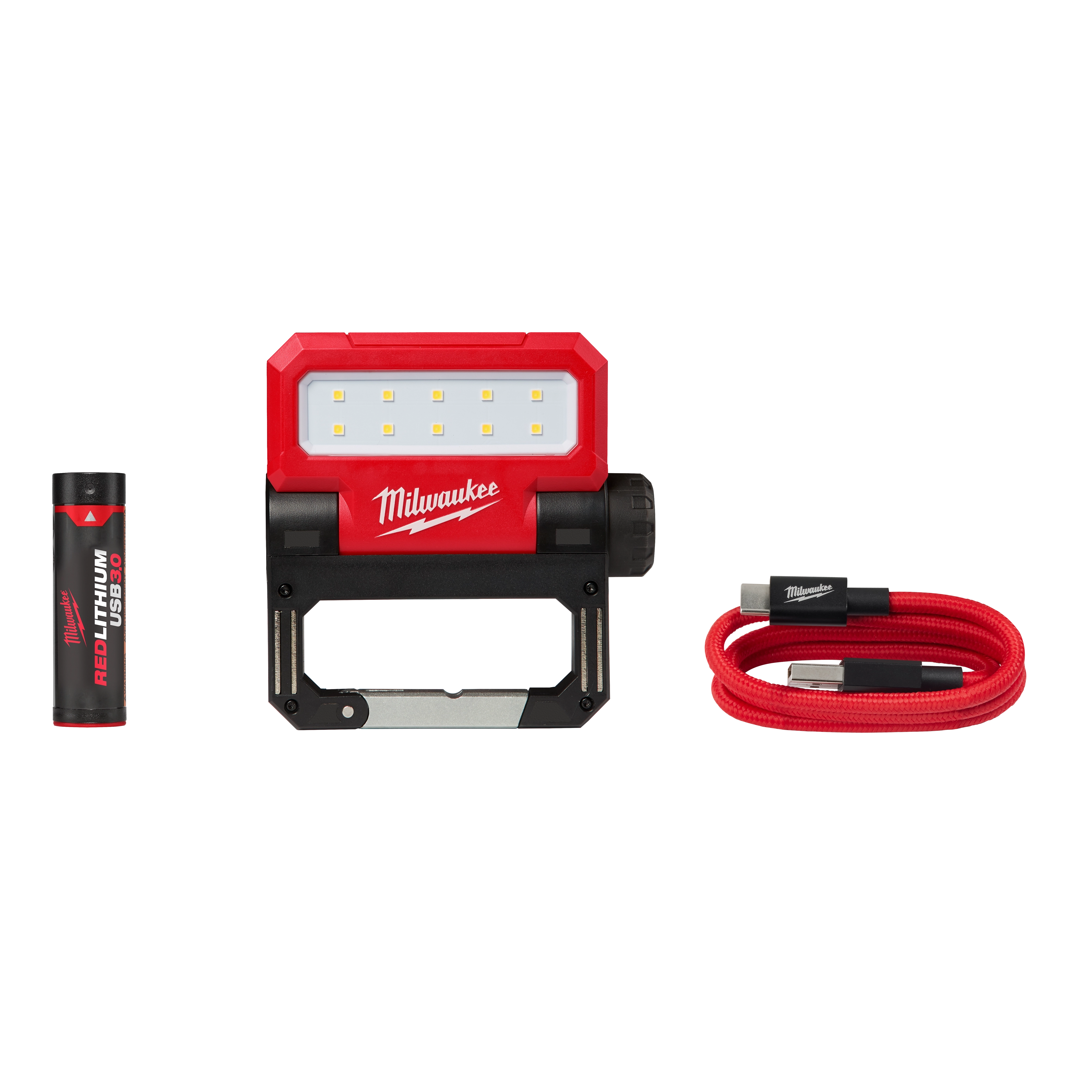 USB Rechargeable ROVER Pivoting Flood Light Kit includes a flood light, lithium-ion battery, and red USB cable with connectors.