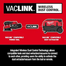 "VACLINK Wireless Dust Control with compatible power tool and dust extractor, enabling activation from tool or remote."