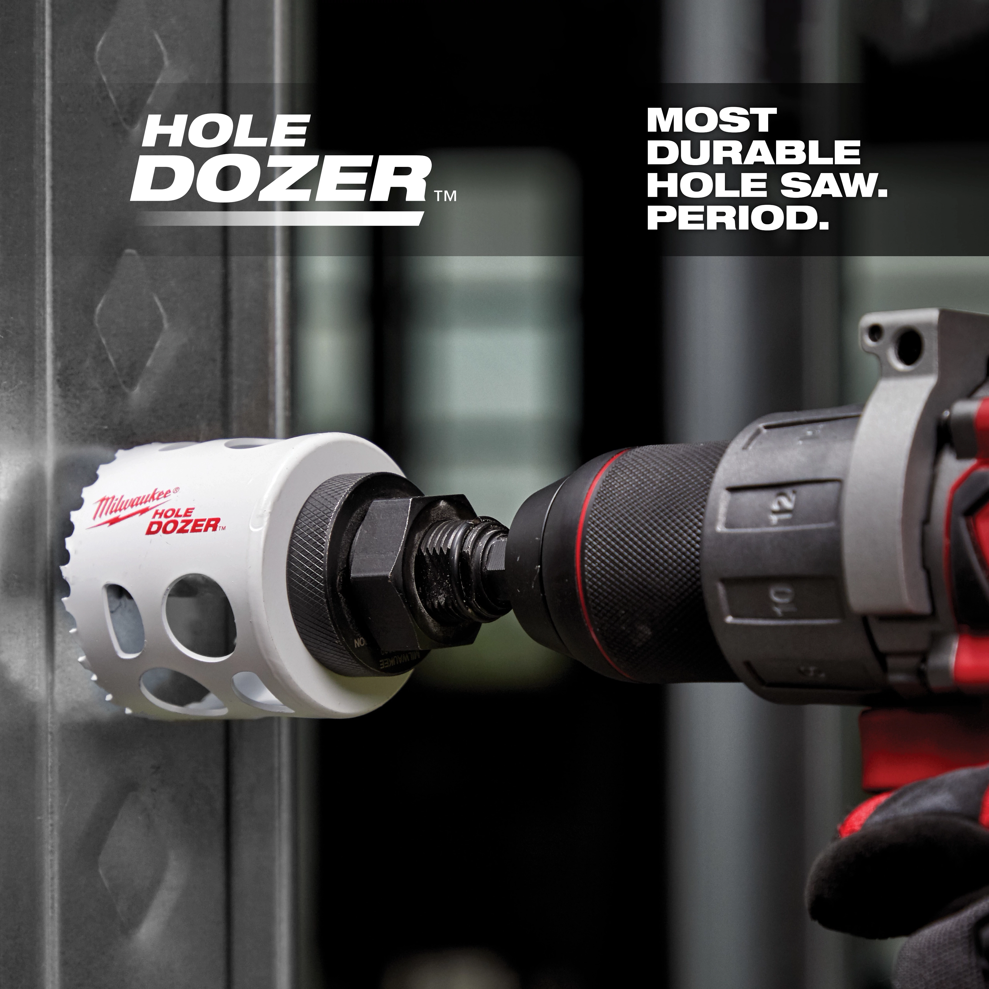 Bi-Metal Hole Saw USP cutting through metal while attached to a power drill. The product is branded as "Hole Dozer" and is advertised as the most durable hole saw.