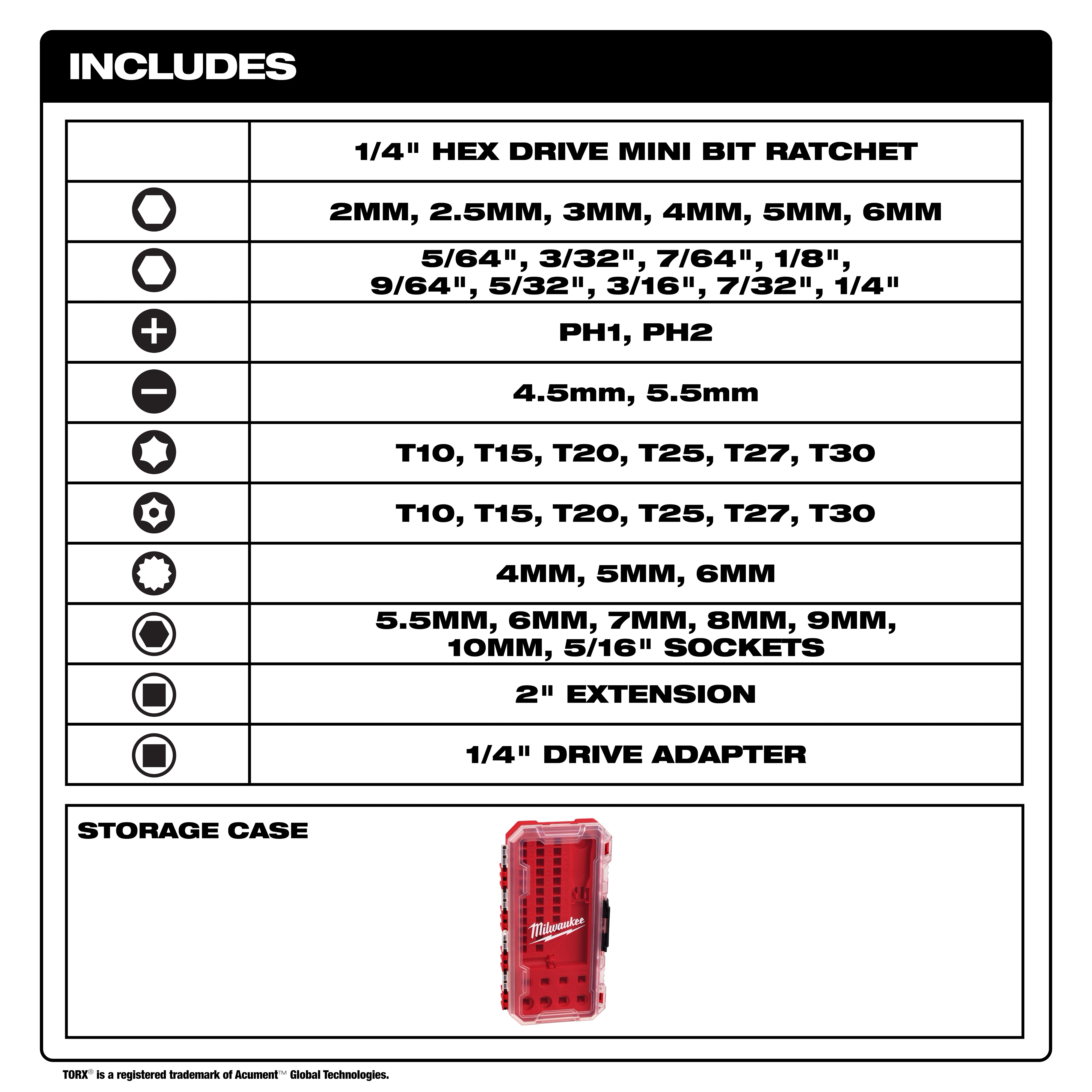 44pc. 1/4” Hex Drive Mini Flex Head Ratchet & Bit Set list of included bits and a compact storage case.