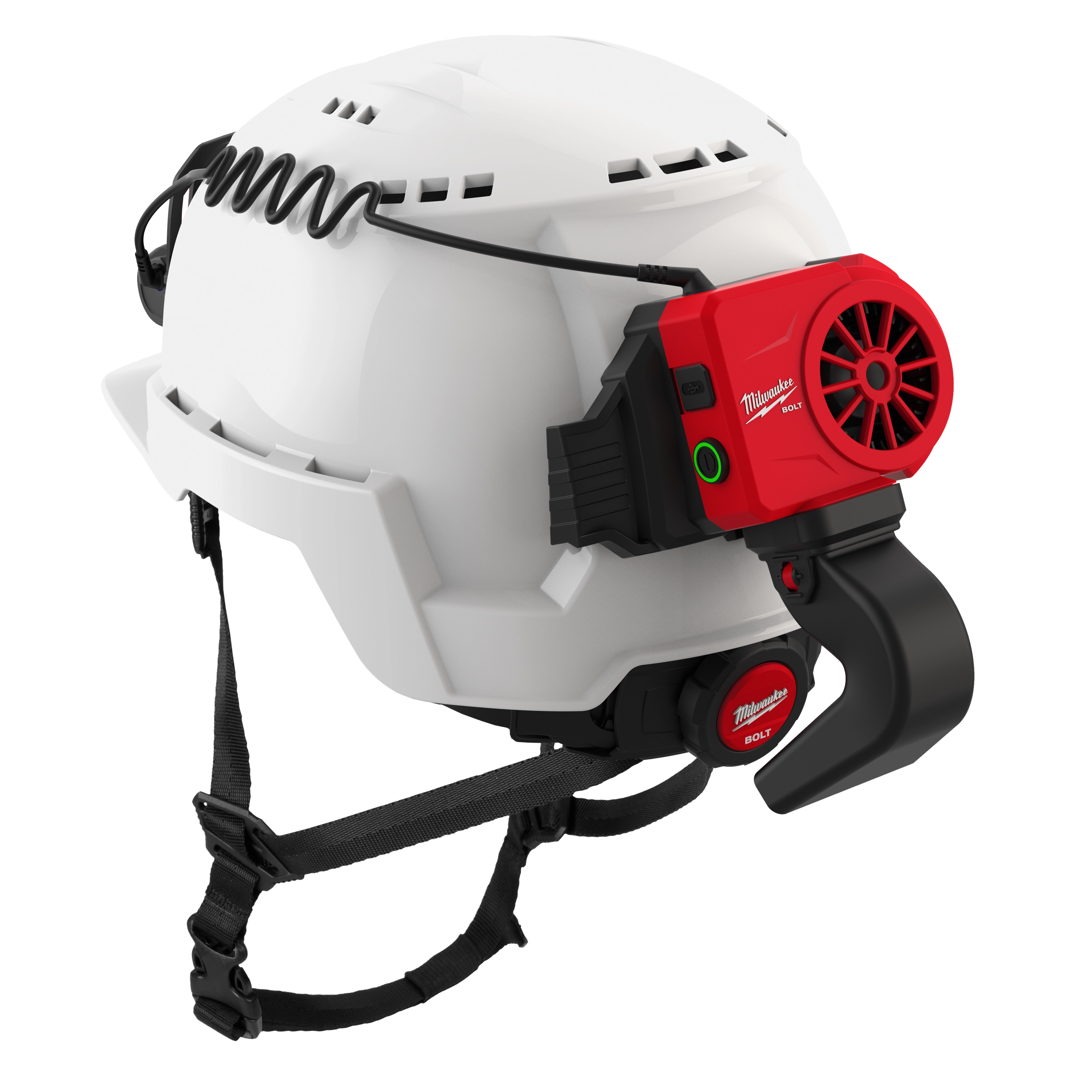 The BOLT™ REDLITHIUM™ USB Cooling Fan is attached to a white hard hat. The small, red fan is positioned at the back and features Milwaukee branding. An attached USB cable coils on top of the hard hat, ready for user connection. The hard hat has an adjustable chin strap for secure fitting.