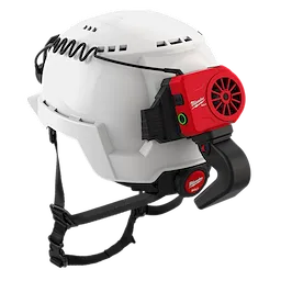 The BOLT™ REDLITHIUM™ USB Cooling Fan is attached to a white hard hat. The small, red fan is positioned at the back and features Milwaukee branding. An attached USB cable coils on top of the hard hat, ready for user connection. The hard hat has an adjustable chin strap for secure fitting.