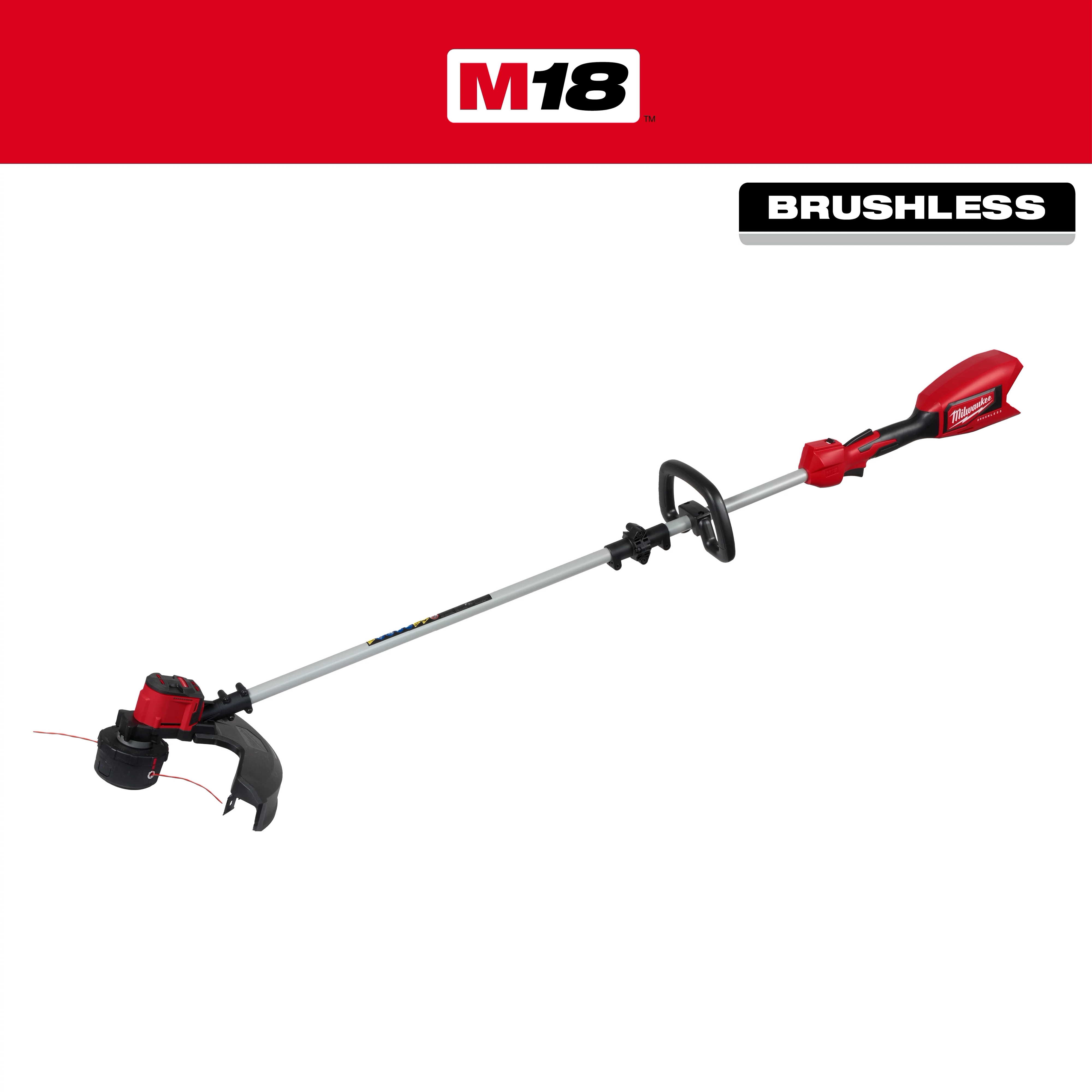 The M18 Brushless String Trimmer is a red and black cordless gardening tool with a durable metal shaft.
