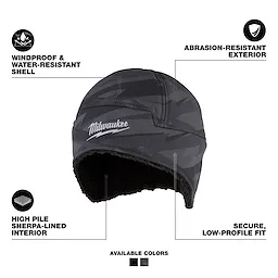 Milwaukee Sherpa-Lined Beanie with textured exterior and soft interior, shown with icons highlighting its features.