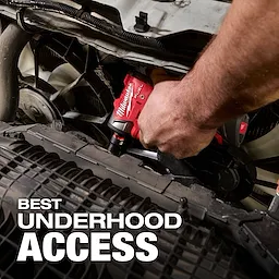 A person uses the M12 FUEL™ 1/4" Subcompact Impact Wrench with Friction Ring to work under the hood of a vehicle. The text "Best Underhood Access" is displayed prominently.