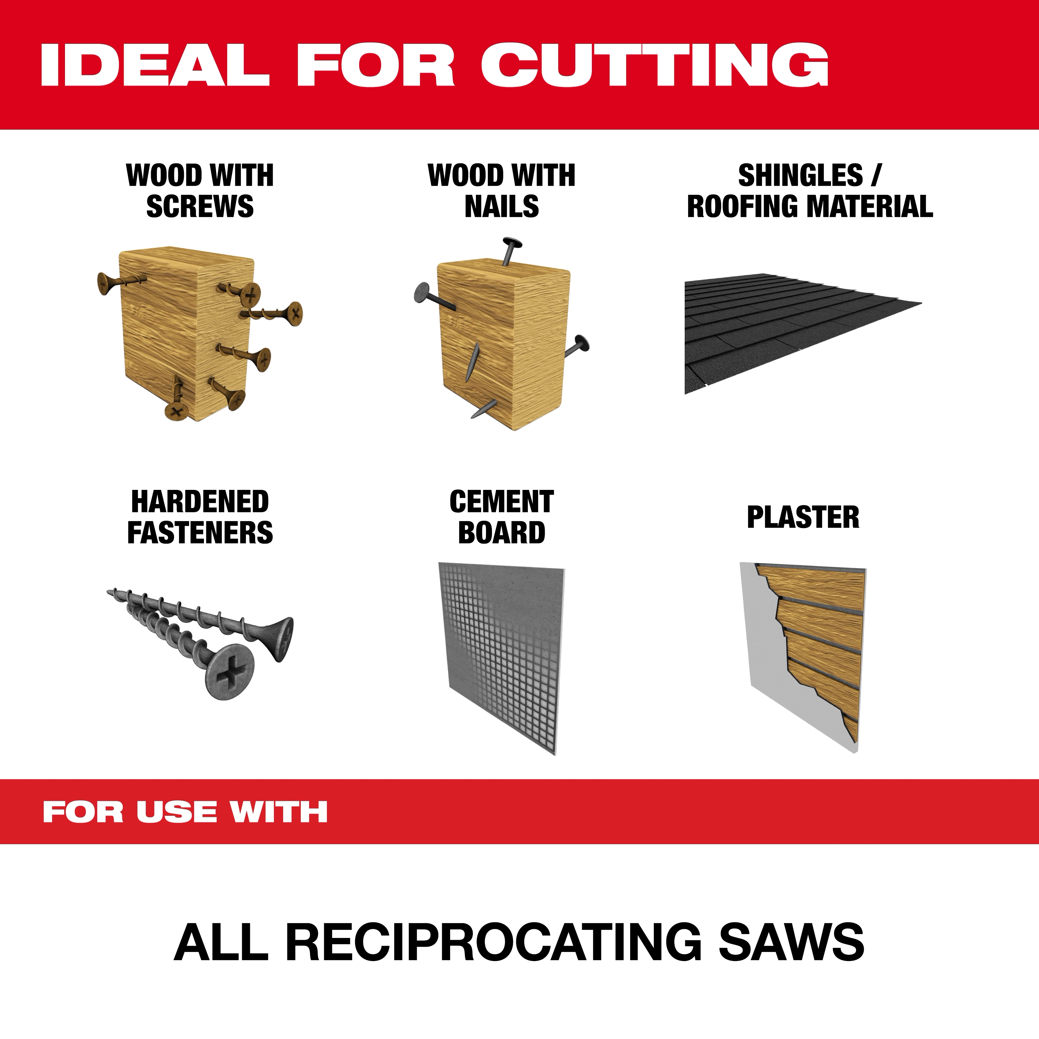 Ideal for cutting wood with screws or nails, shingles, hardened fasteners, cement board, and plaster. For use with all reciprocating saws.