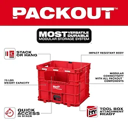 PACKOUT XL Crate modular storage box with labeled features on a white background.