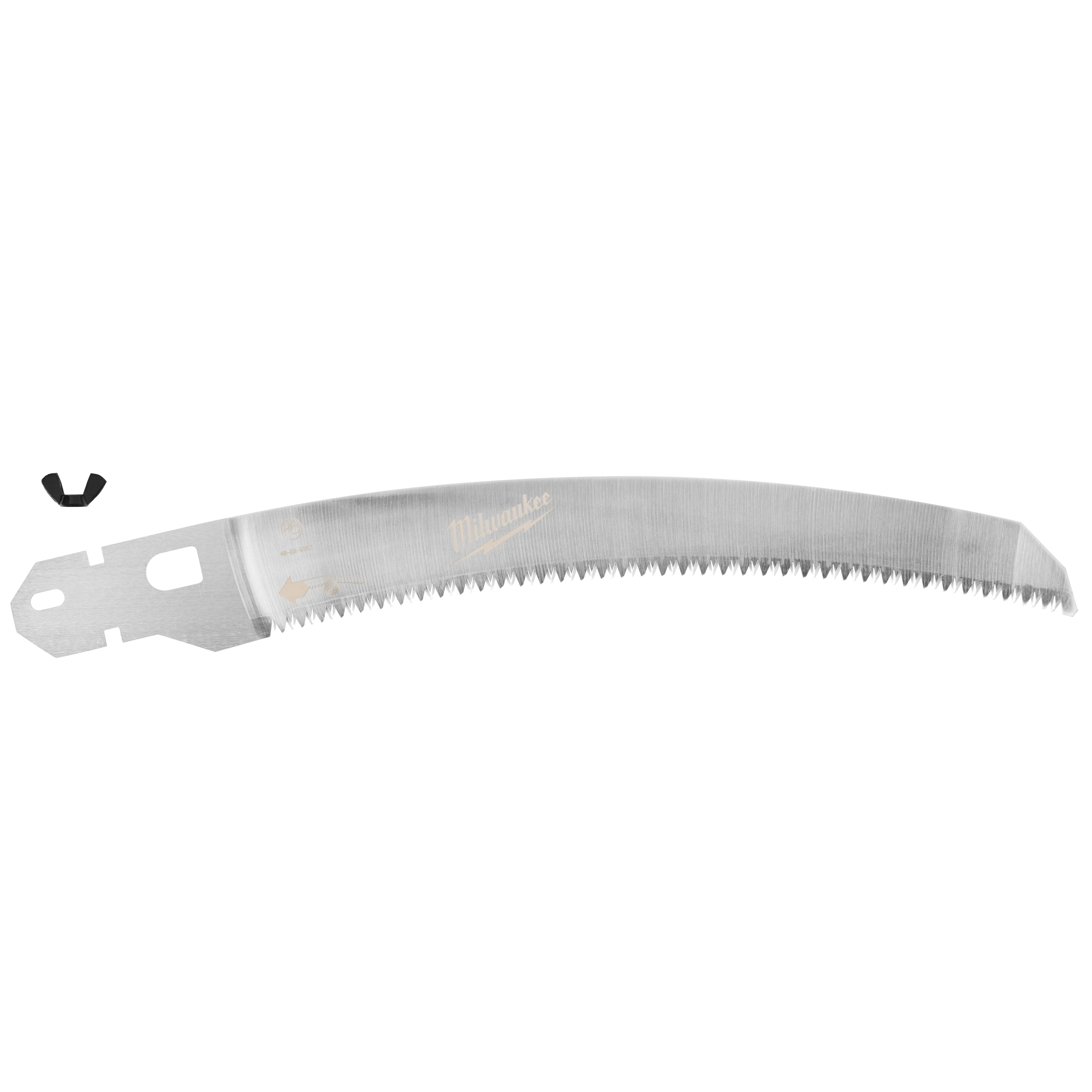 Pole Saw Replacement Blade with a curved design featuring sharp teeth along the lower edge. Includes a small attachment clip.