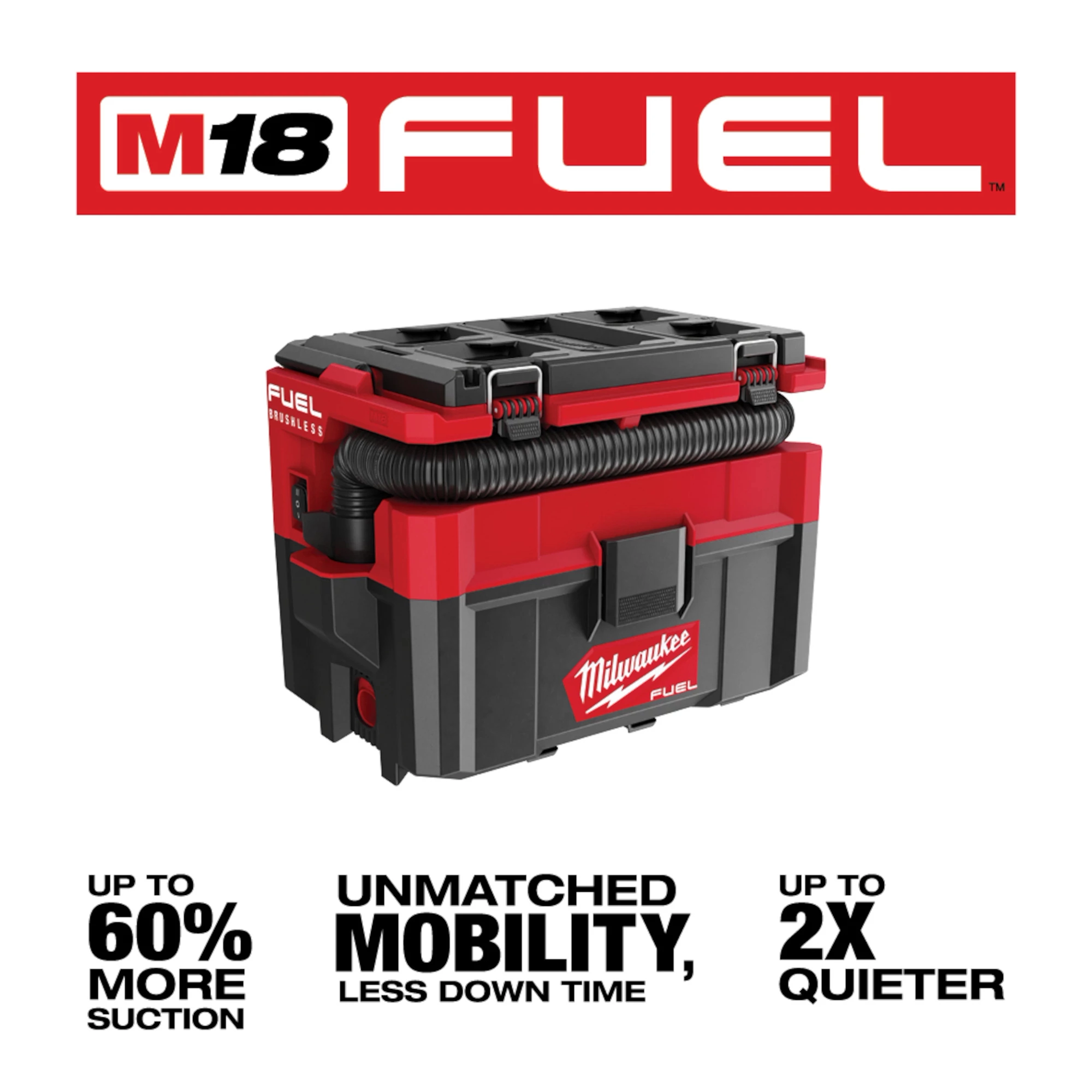 M18 FUEL PACKOUT 2.5 Gallon Wet/Dry Vacuum in red and black, offering up to 60% more suction, unmatched mobility, and is up to 2x quieter.