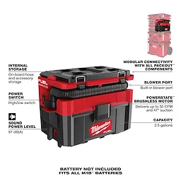 Milwaukee Walkaround vacuum with 2.5-gallon capacity, internal storage, brushless motor, high/low power switch, and built-in blower port.
