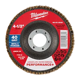 4-1/2" x 7/8" 40 Grit Performance+ Flap Disc - Type 29 with central mounting hole and labeled grit and metal use.