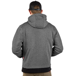 A man wearing a gray M12™ Heated Hoodie is shown from the back. The hoodie has a built-in hood and black accents on the cuffs and waistband. He is also wearing a dark baseball cap and tan pants. The background is plain white.
