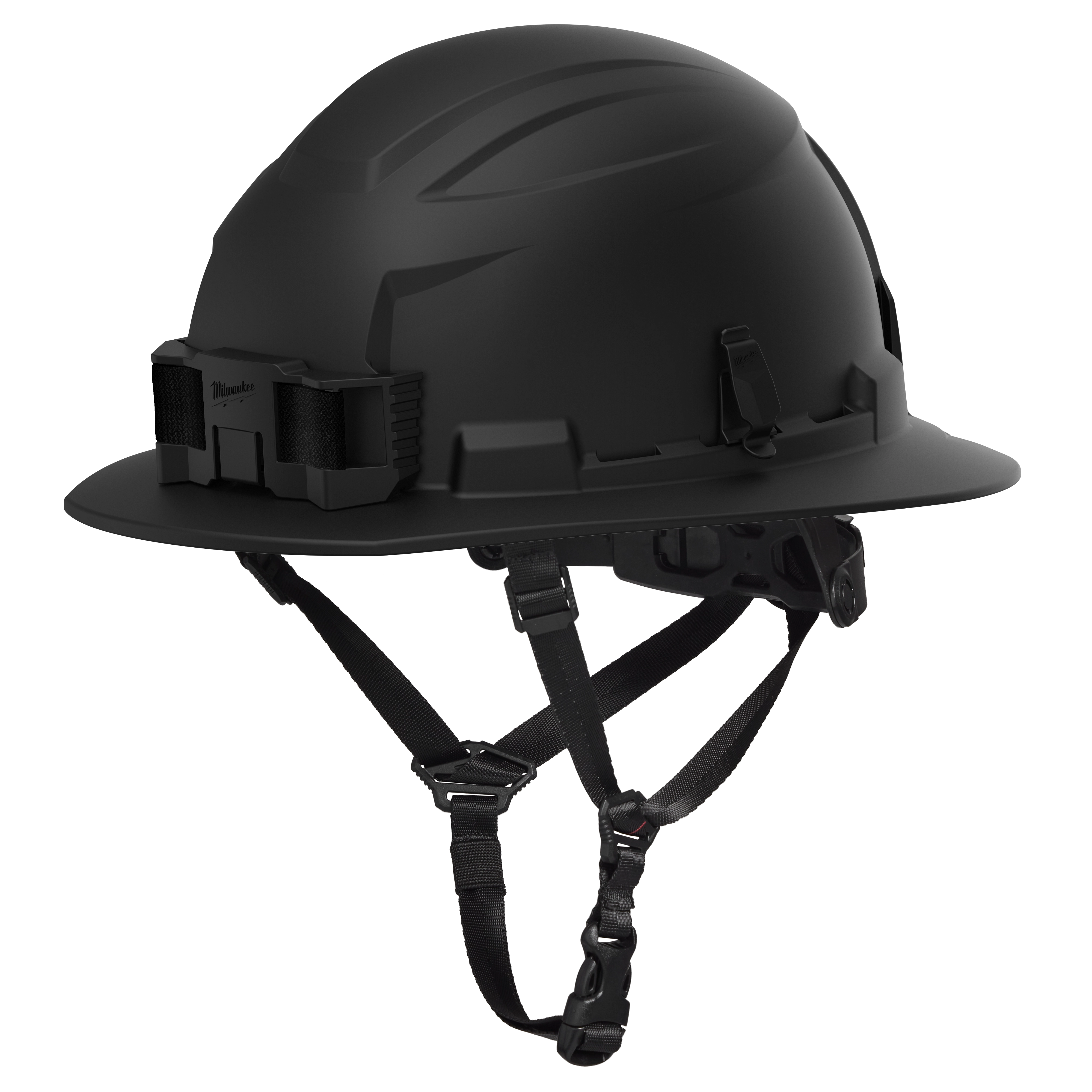 BOLT™ Black Full Brim Safety Helmet – Type 2, Class E is a black safety helmet with a full brim and adjustable chin straps. It features a front-mounted bracket and side slots for accessories.