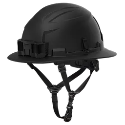 BOLT™ Black Full Brim Safety Helmet – Type 2, Class E is a black safety helmet with a full brim and adjustable chin straps. It features a front-mounted bracket and side slots for accessories.