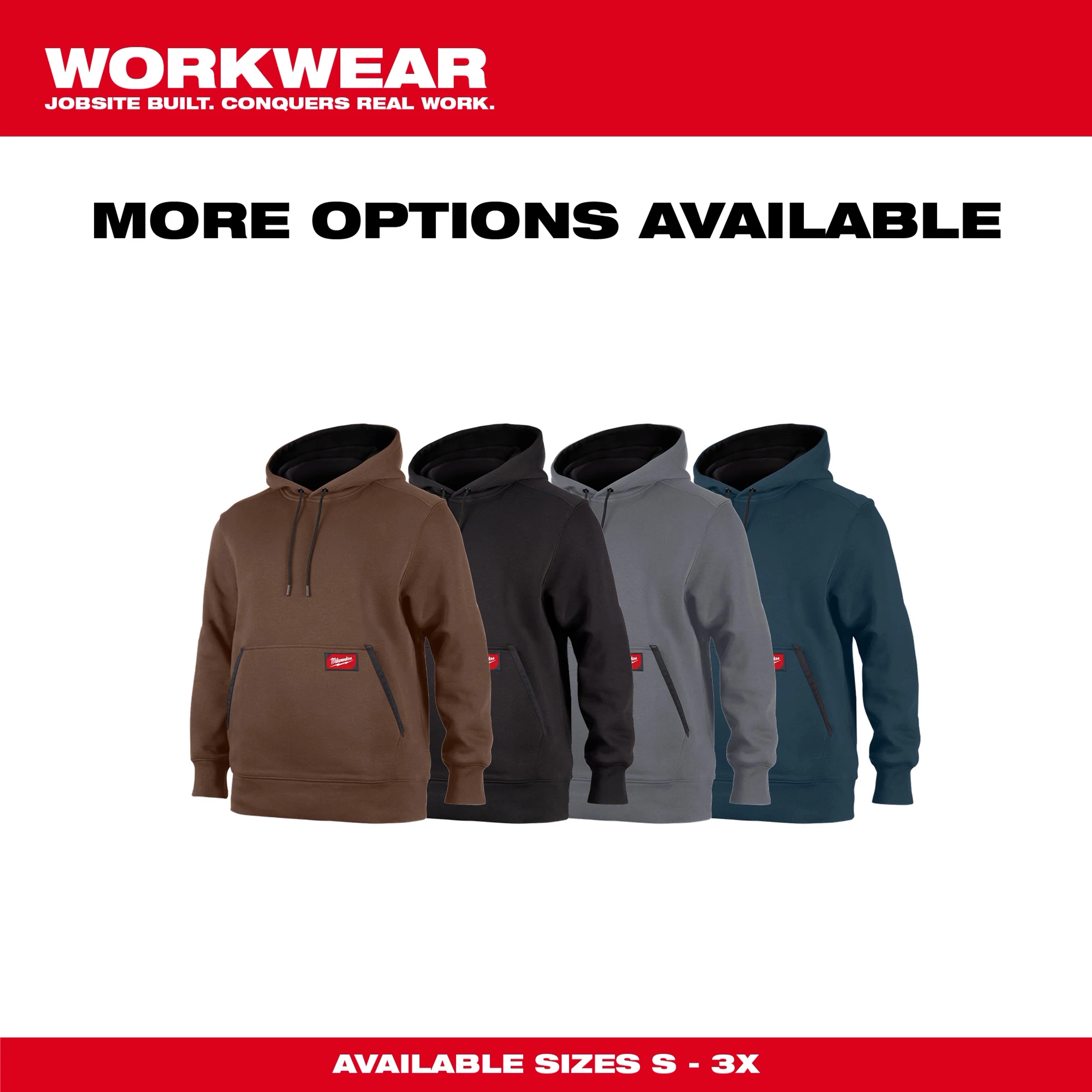 MIDWEIGHT Pullover Hoodie available in brown, black, gray, and blue. Sizes range from S to 3X. Text reads "More Options Available."