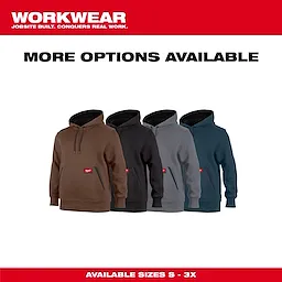 MIDWEIGHT Pullover Hoodie available in brown, black, gray, and blue. Sizes range from S to 3X. Text reads "More Options Available."