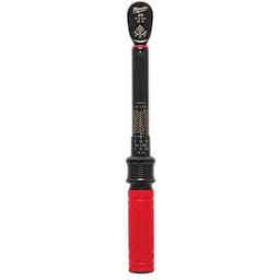 3/8” Drive Click Torque Wrench (50-250 IN-LBS) features a black steel handle with torque measurements marked in both IN-LBS and Nm. The wrench has a red rubber grip on the bottom and a dial for torque adjustment. The tool head includes a switch for directional use.