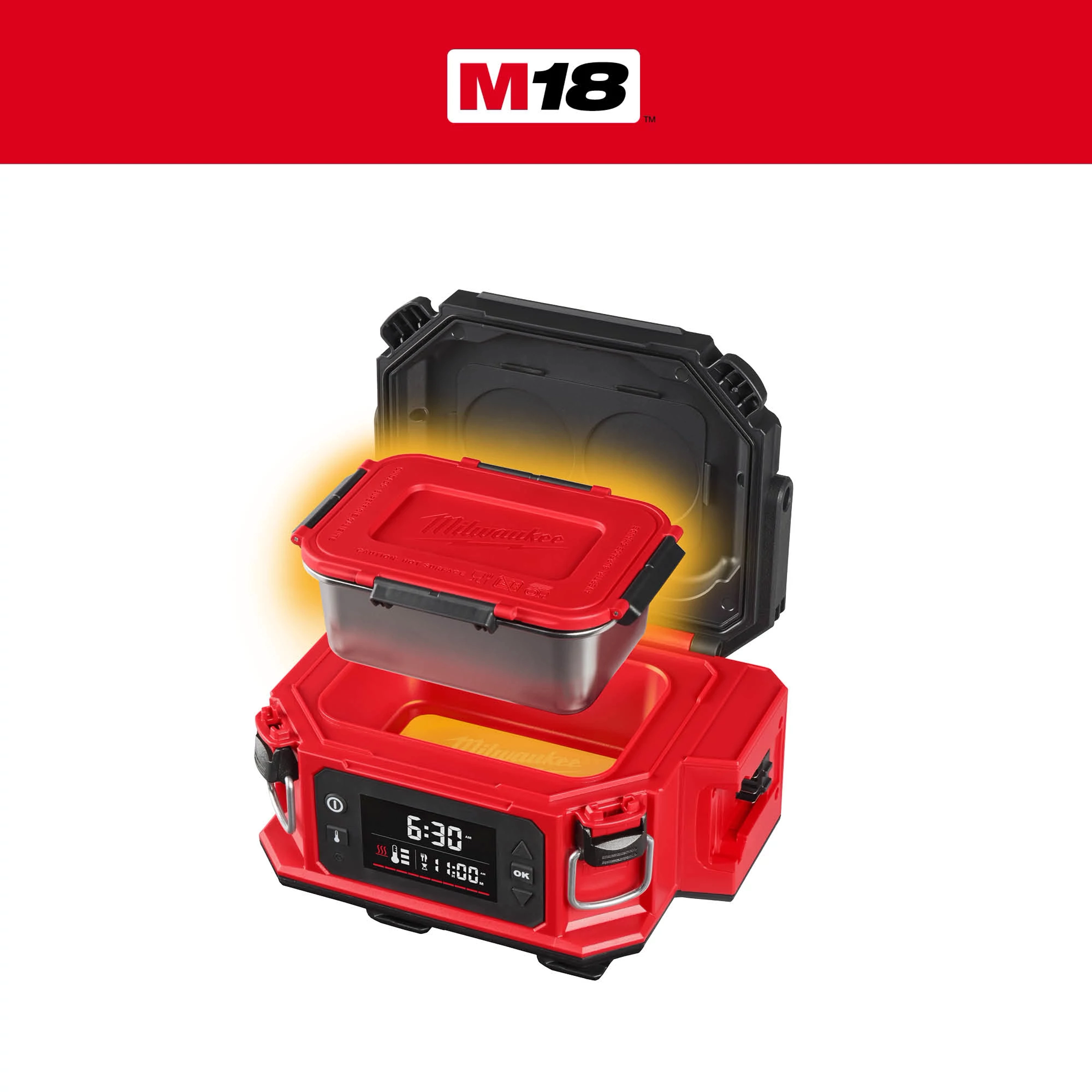 M18 Jobsite Lunch Warmer with open lid and glowing food container on its heating surface.