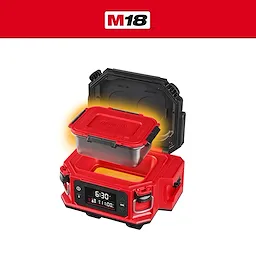 M18 Jobsite Lunch Warmer with open lid and glowing food container on its heating surface.