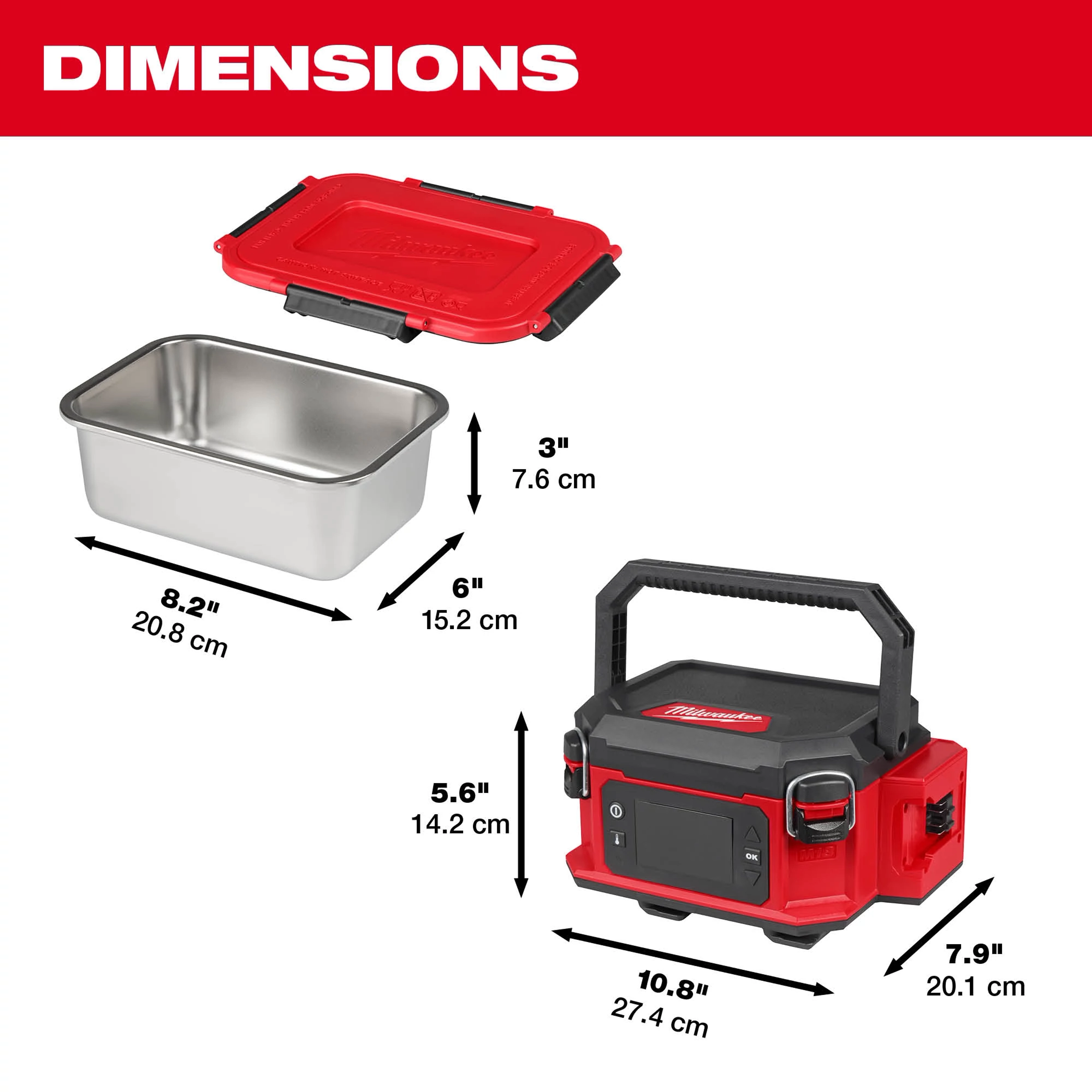 M18 Jobsite Lunch Warmer with stainless steel container and lid, plus (3) Stainless Steel Containers for M18 Jobsite Lunch Warmer.
