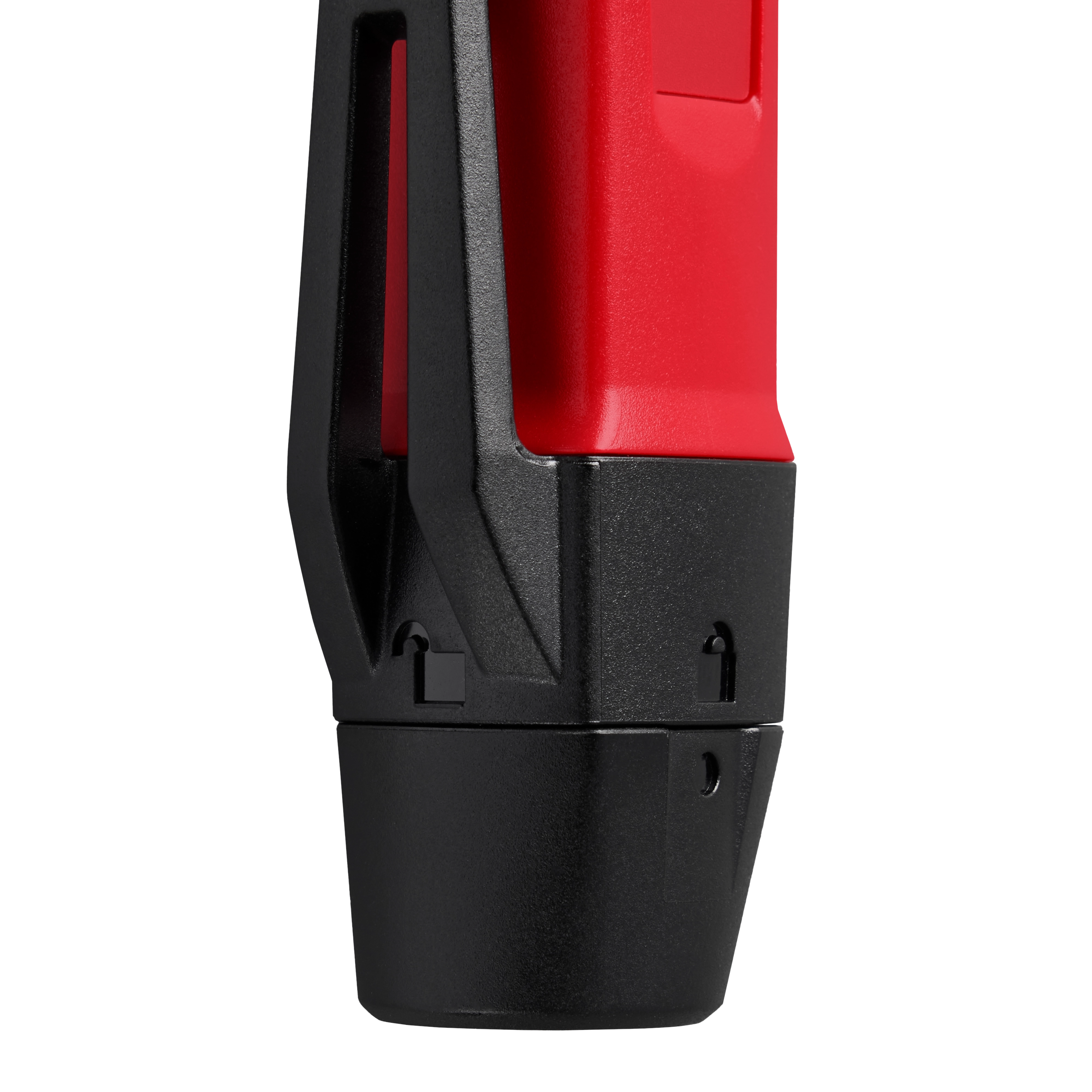 The Dual Range Voltage Detector has a black bottom half and a red upper half, designed for detecting electrical voltages. It features an ergonomic grip and a clip for easy carrying.