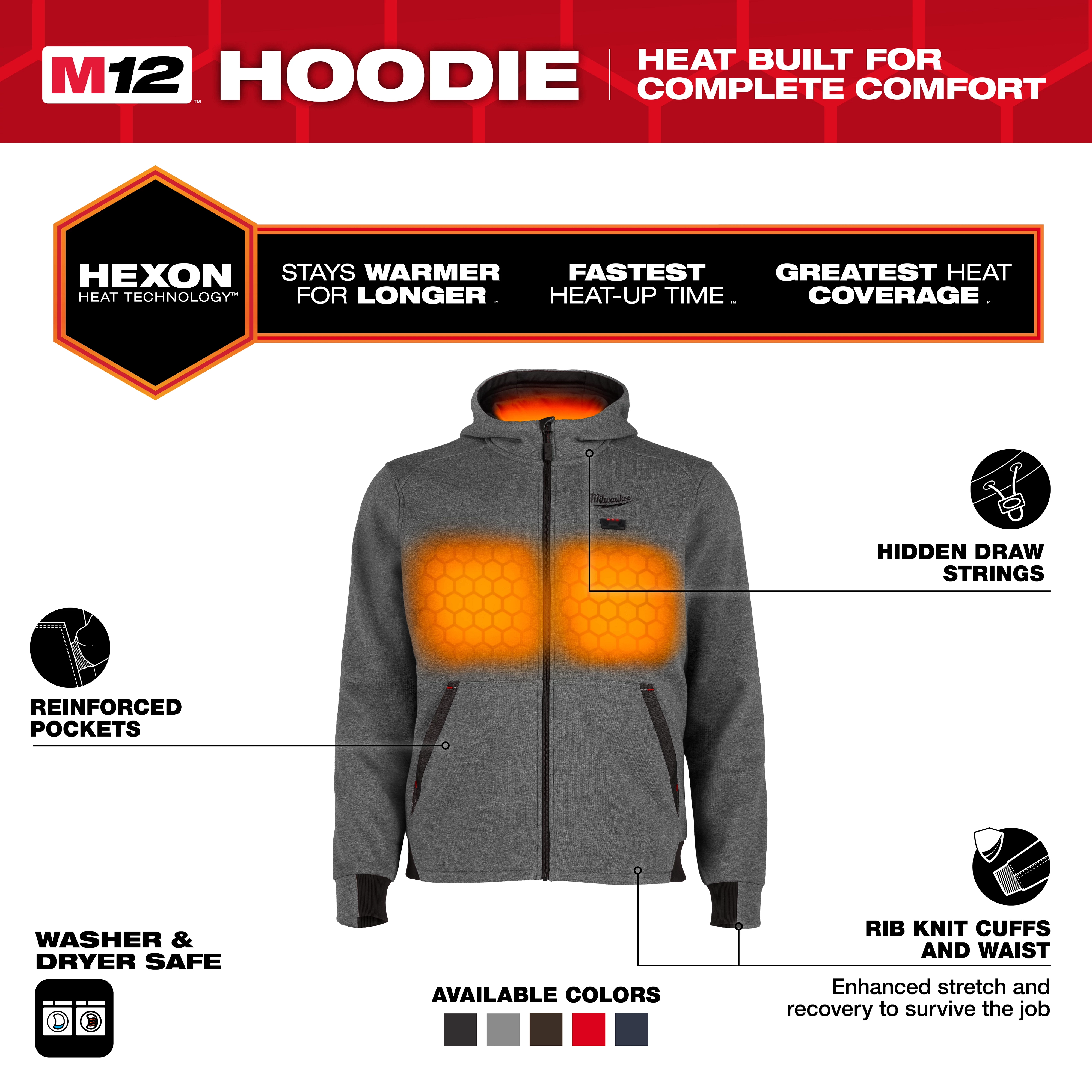 The M12™ Heated Hoodie features Hexon Technology for superior warmth, quick heat-up, and extended coverage. Its gray design includes reinforced pockets, hidden drawstrings, rib knit cuffs, and waist for durability and comfort. Available in multiple colors, and is washer and dryer safe for easy maintenance.