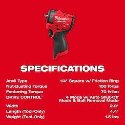 The M12 FUEL™ 1/4" Subcompact Impact Wrench w/ Friction Ring by Milwaukee is red and black. It features a 1/4" square anvil with 100 ft-lbs nut-busting torque and 70 ft-lbs fastening torque. It includes 4-mode drive control with auto shut-off and weighs 1.5 lbs.