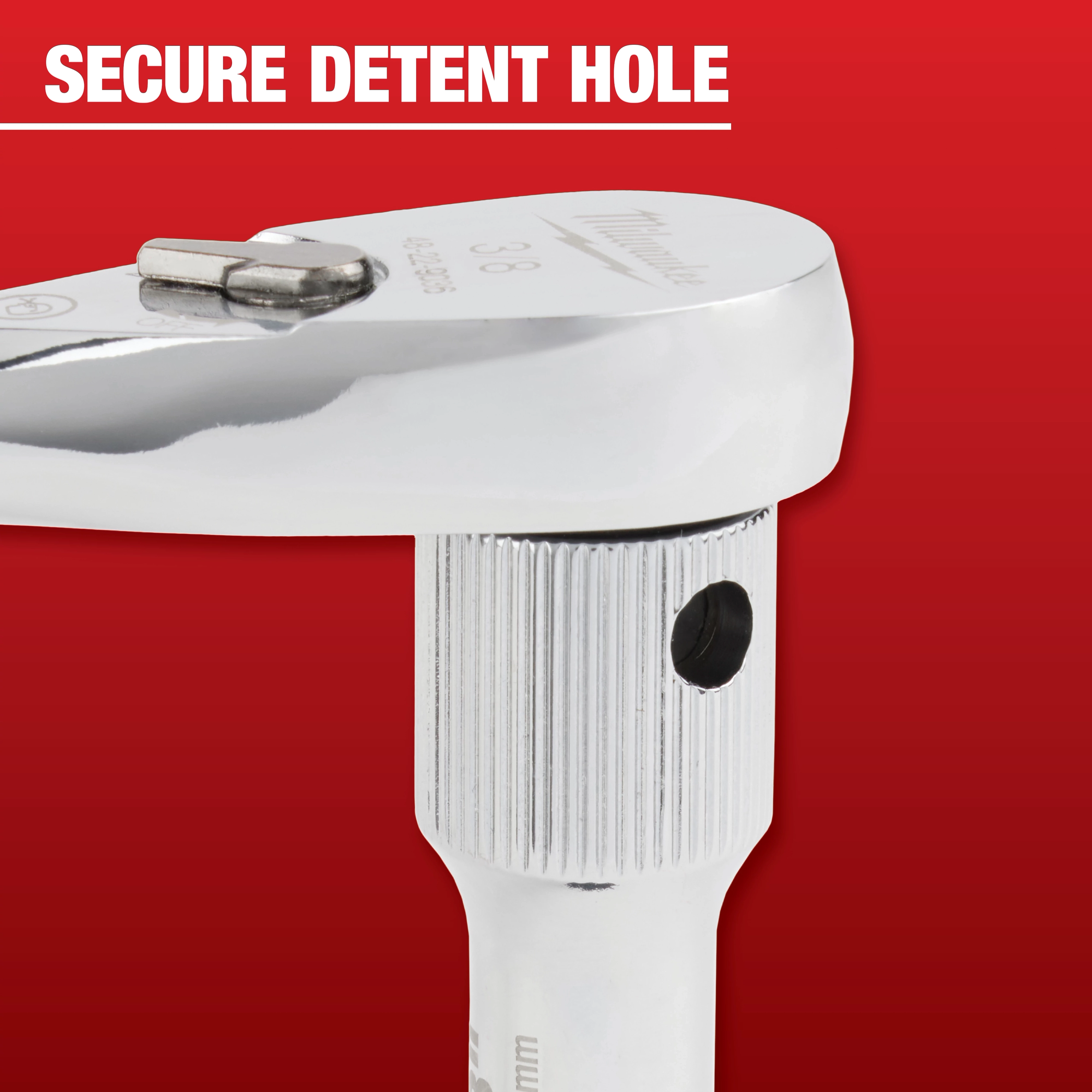 The image shows the head of a silver ratchet wrench from Mechanic Hand Tools with a secure detent hole in the handle. The background is red with the text stating "SECURE DETENT HOLE" in white.