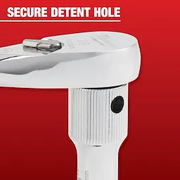 The image shows the head of a silver ratchet wrench from Mechanic Hand Tools with a secure detent hole in the handle. The background is red with the text stating "SECURE DETENT HOLE" in white.