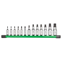 13-piece TORX® bit socket set with 1/4” and 3/8” drive tamper proof bits. The set features 13 silver-colored sockets, aligned on a green rail, each marked with individual sizes. Suitable for various mechanical and hardware applications requiring tamper-proof screwdrivers.