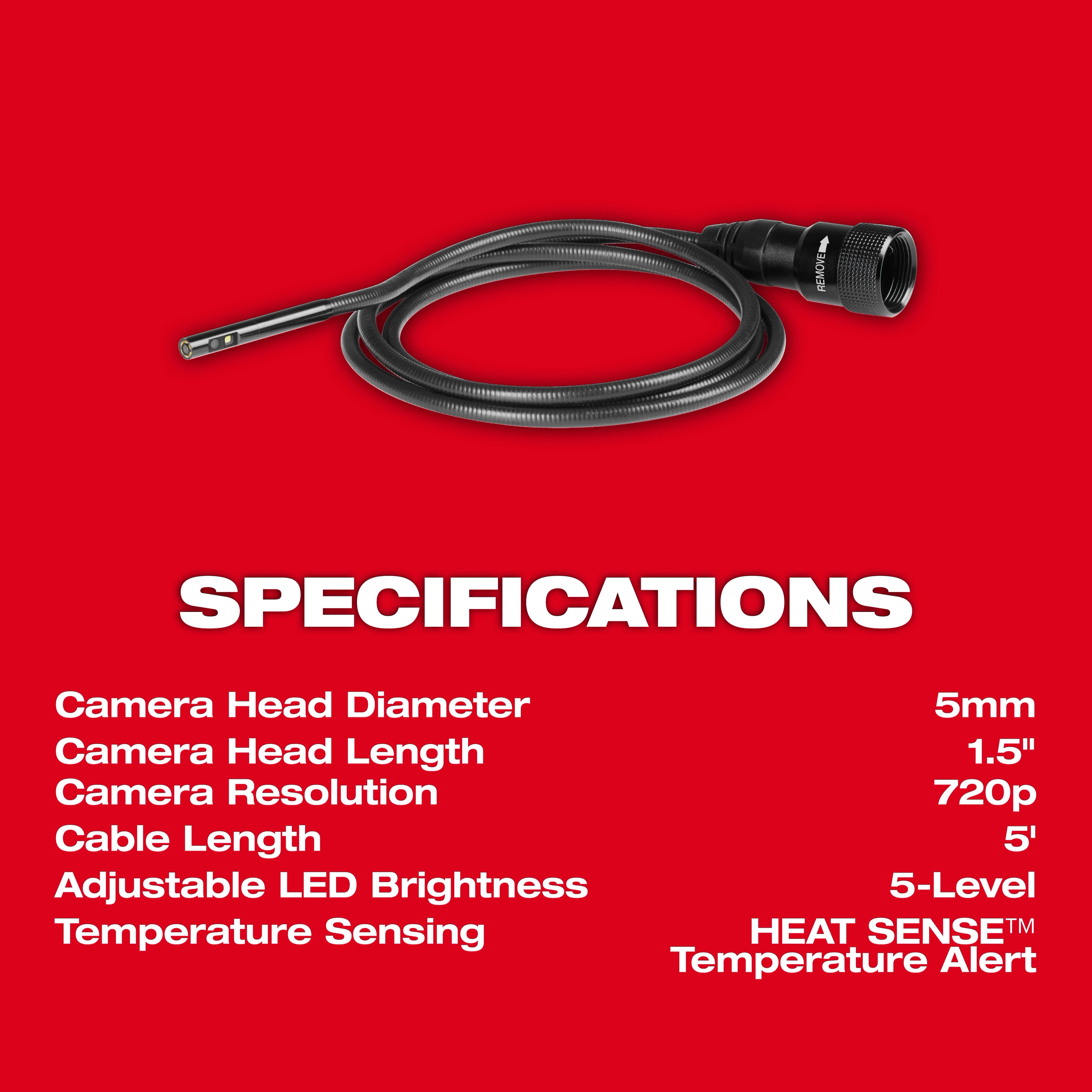 Red background product image showing a 5mm Borescope Camera Cable. Specifications include 5mm camera head diameter, 1.5" camera head length, 720p resolution, 5' cable length, 5-level adjustable LED brightness, and HEAT SENSE™ temperature alert.