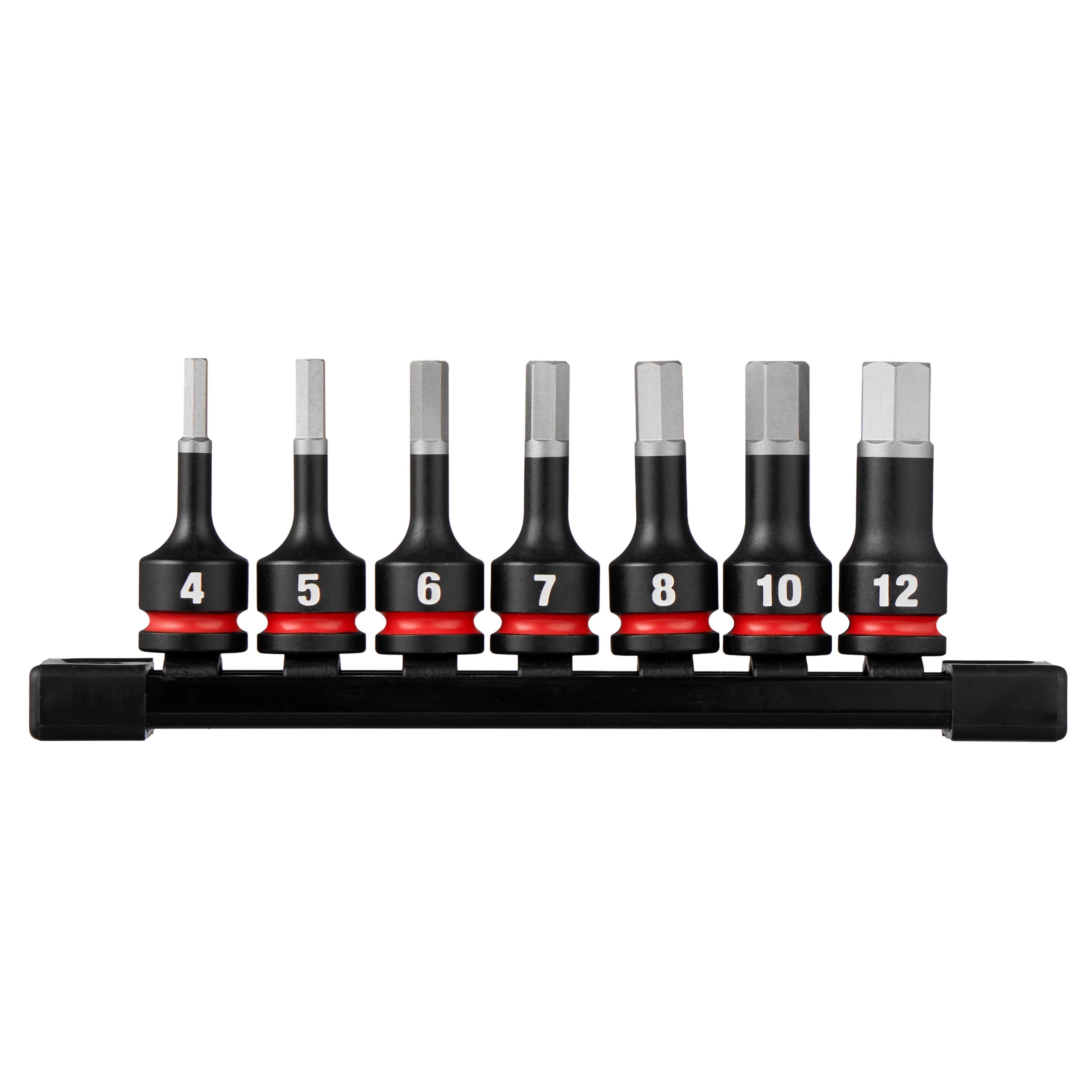 7PC SHOCKWAVE Impact Duty 3/8" Drive 2" Hex Metric Bit Socket Set arranged on a black rail with sizes 4–12 visible.